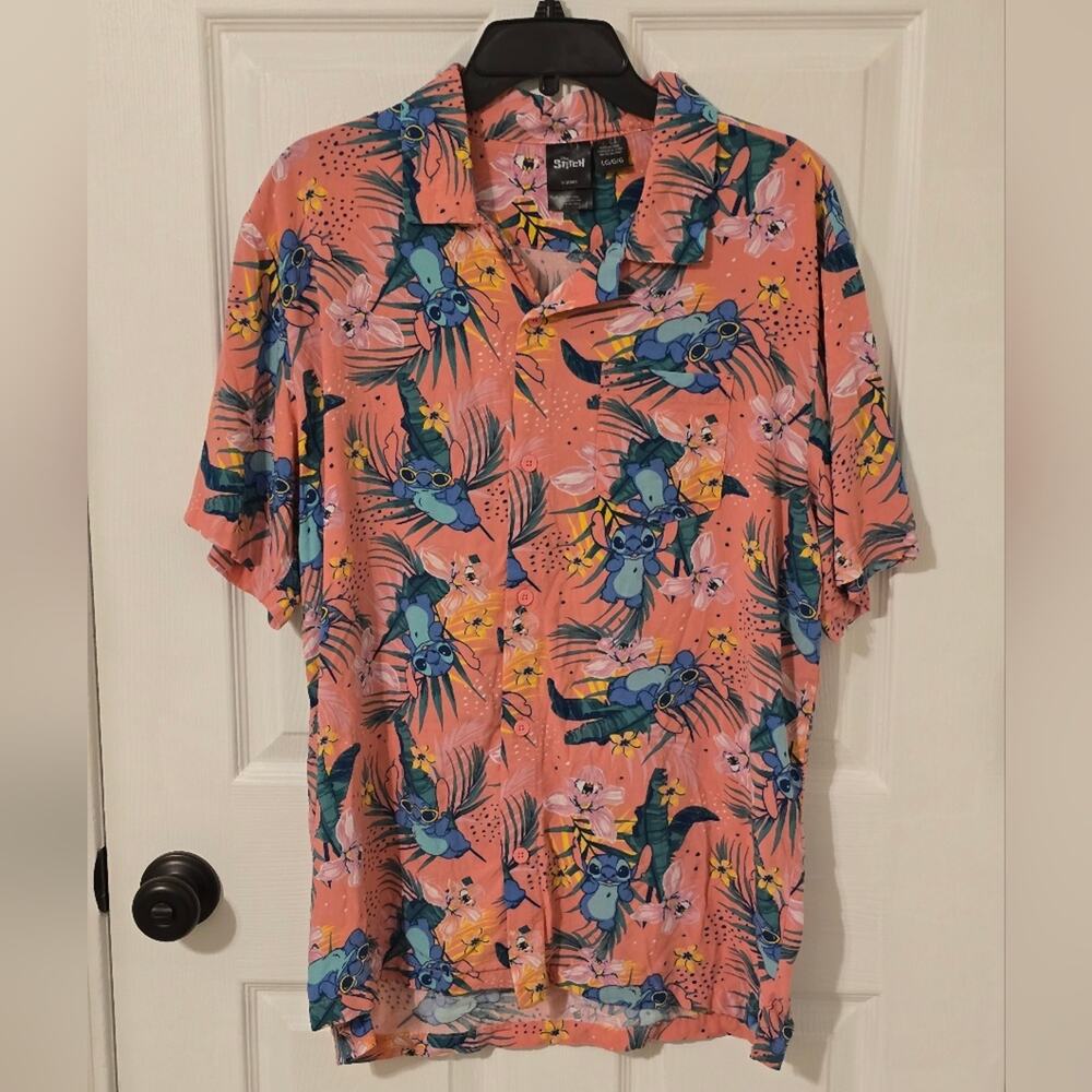 Disney Stitch Pink Rayon Camp Shirt Mens L Hawaiian Resort Coastal Casual